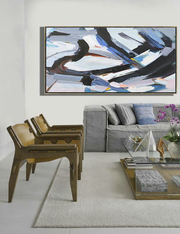 Original Artwork Extra Large Abstract Painting,Horizontal Palette Knife Contemporary Art Panoramic Canvas Painting,Extra Large Artwork,White,Blue,Black,Grey.etc